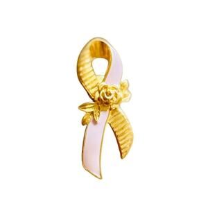 Vintage Pink Ribbon Enamel Brooch | Breast Cancer Awareness Pin | Gold-Tone